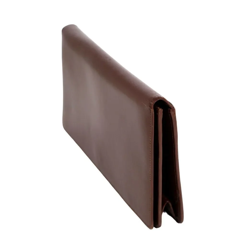 Vintage BROWN GENUINE LEATHER FLAP LONG CLUTCH WALLET ORGANIZER WRISTLET PURSE